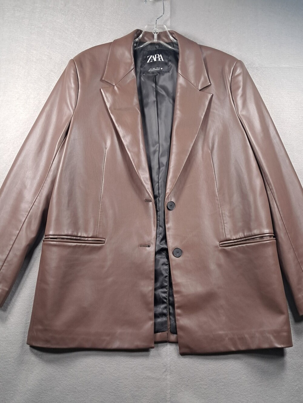 ZARA Women’s Faux Leather Blazer Jacket Brown Taupe Size L